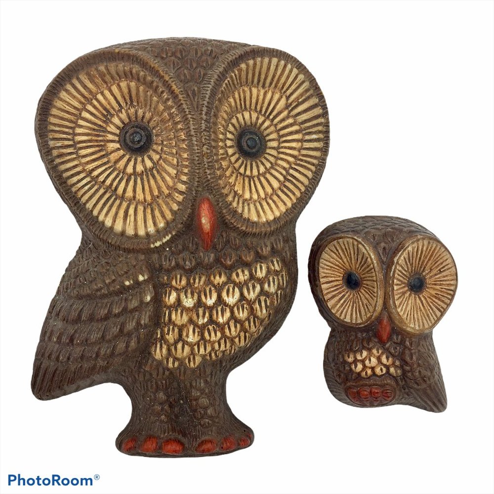 Set Of 2 Vtg MCM Brown Owl Wall Plaque Hanging Decor Molded Foam Art Cottagecore